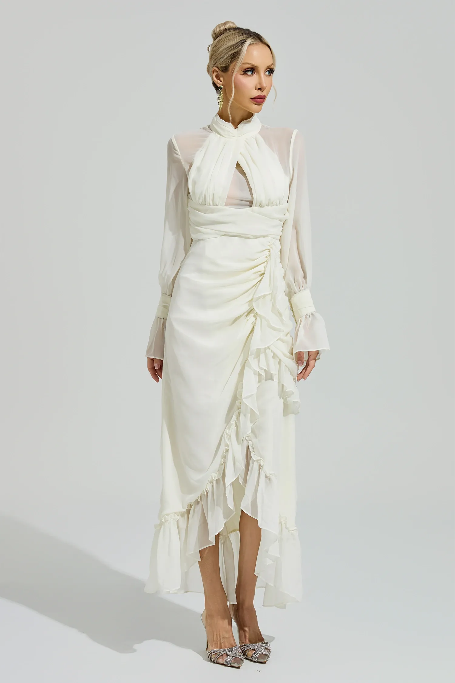 Walric Apricot Ruffle Slit Maxi Dress