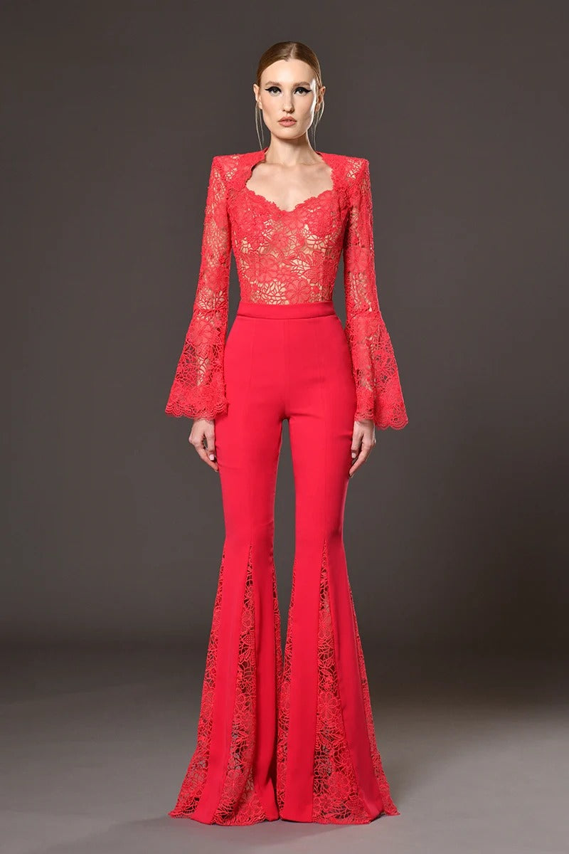 Jester Long Sleeve Crochet Two Piece Jumpsuit In Red
