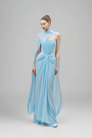Eudocia Scarf Strapless Ruched Maxi Dress In Blue