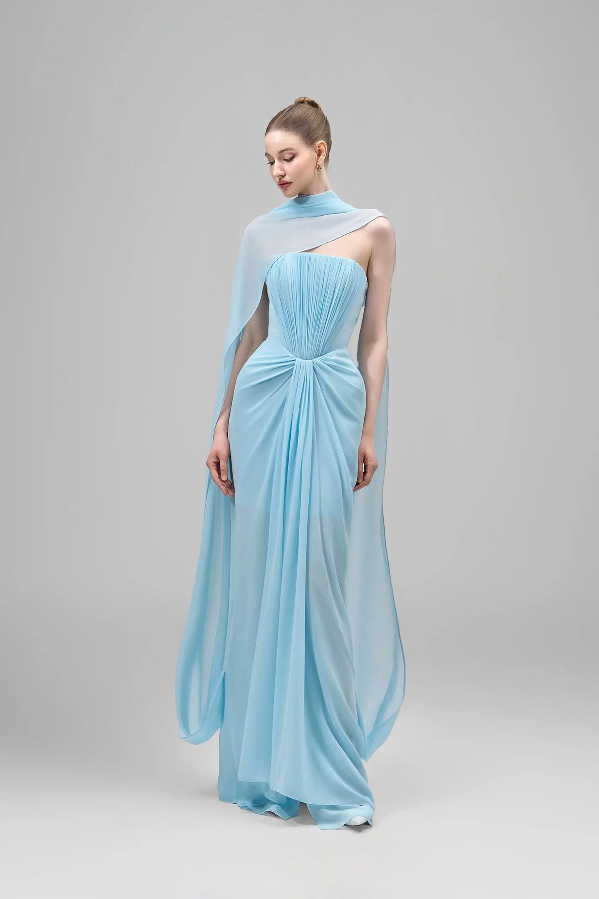 Eudocia Scarf Strapless Ruched Maxi Dress In Blue