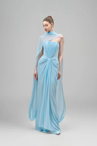 Eudocia Scarf Strapless Ruched Maxi Dress In Blue