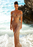 Blissany Draped Sparkly Maxi Dress In Gold