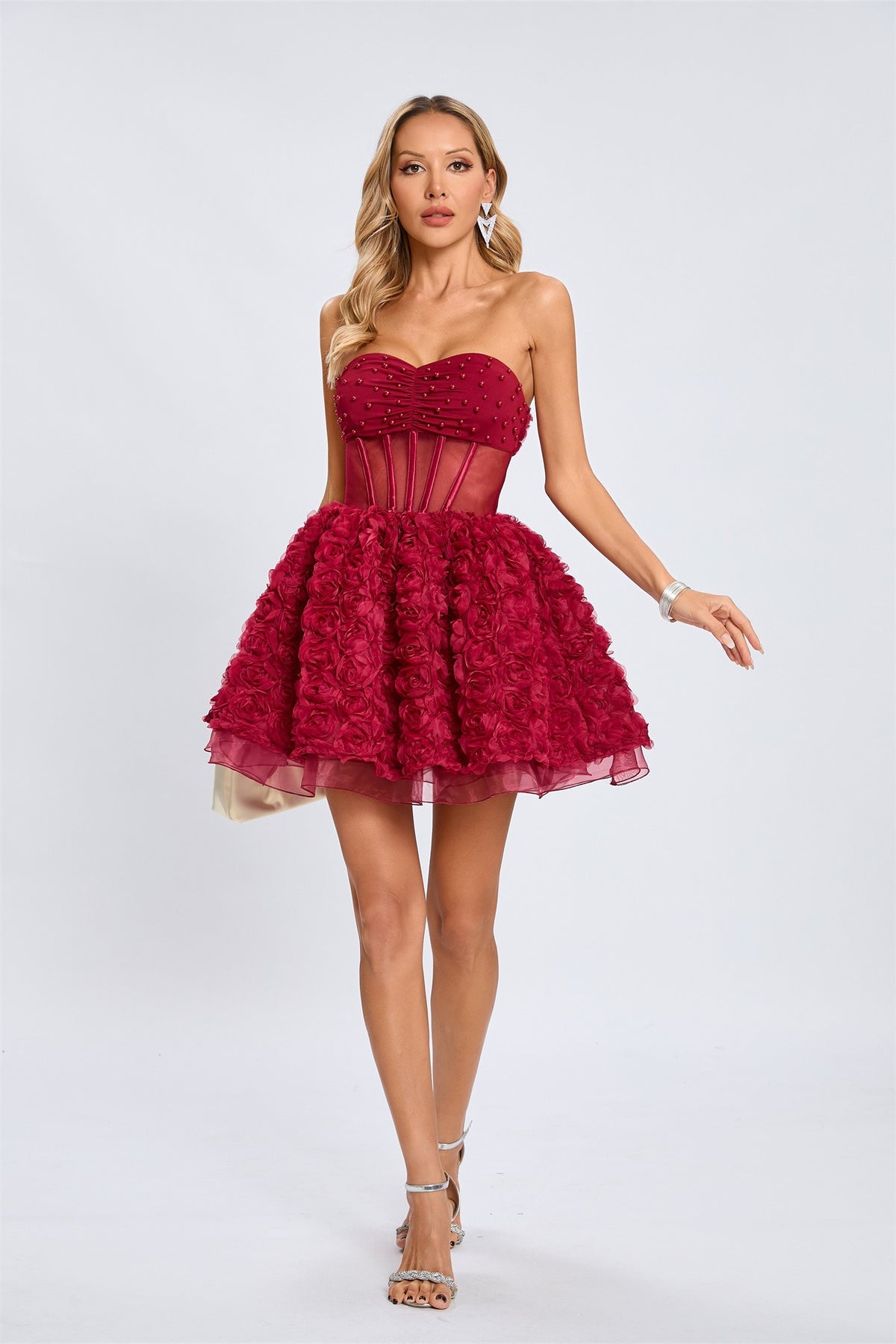 Osorio Strapless Floral Corset A Line Mini Dress In Red