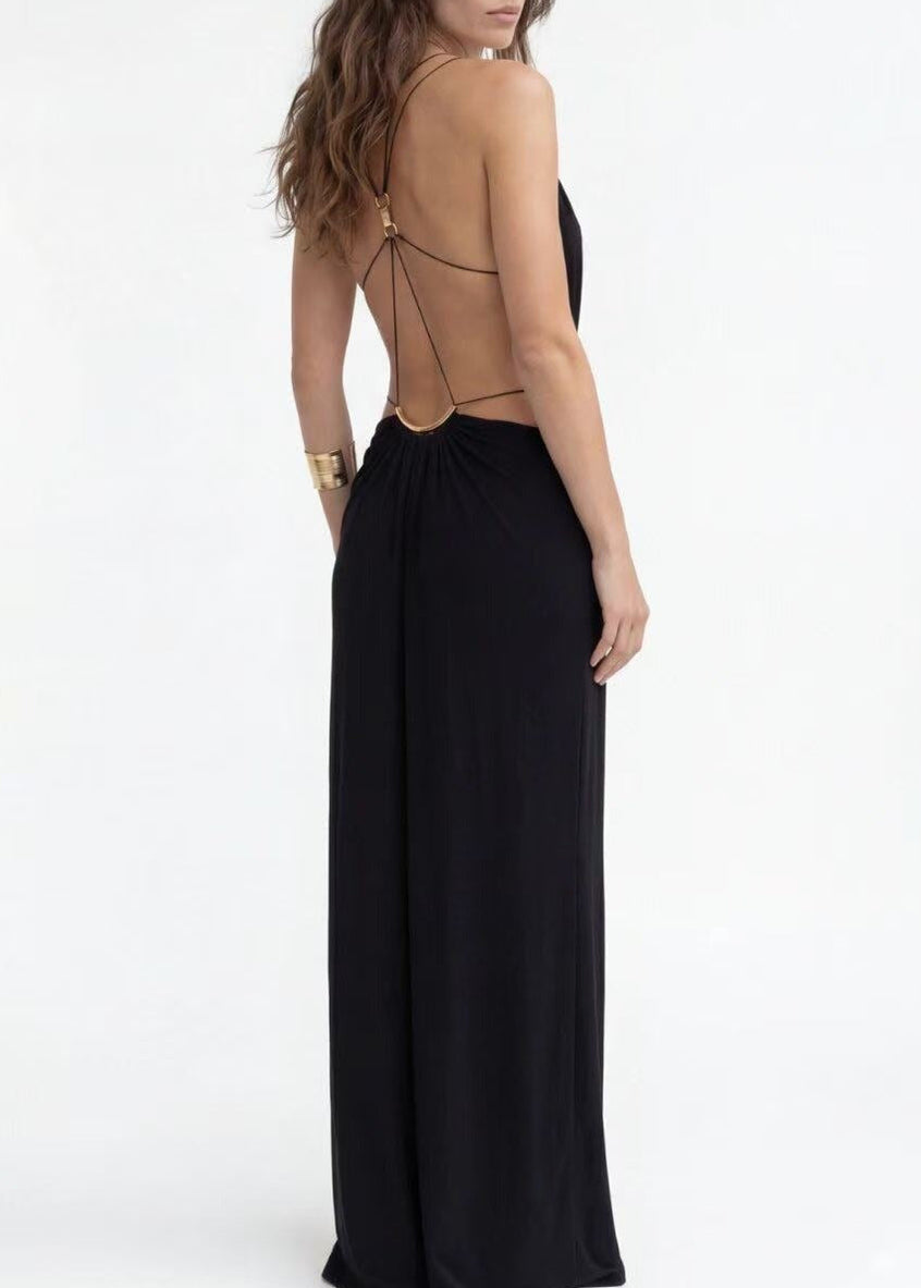 Frasken Backless Cutout Maxi Dress In Black