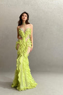 Elvynx High Neck Rhinestone Ruffle Maxi Dress
