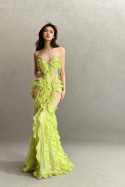 Elvynx High Neck Rhinestone Ruffle Maxi Dress