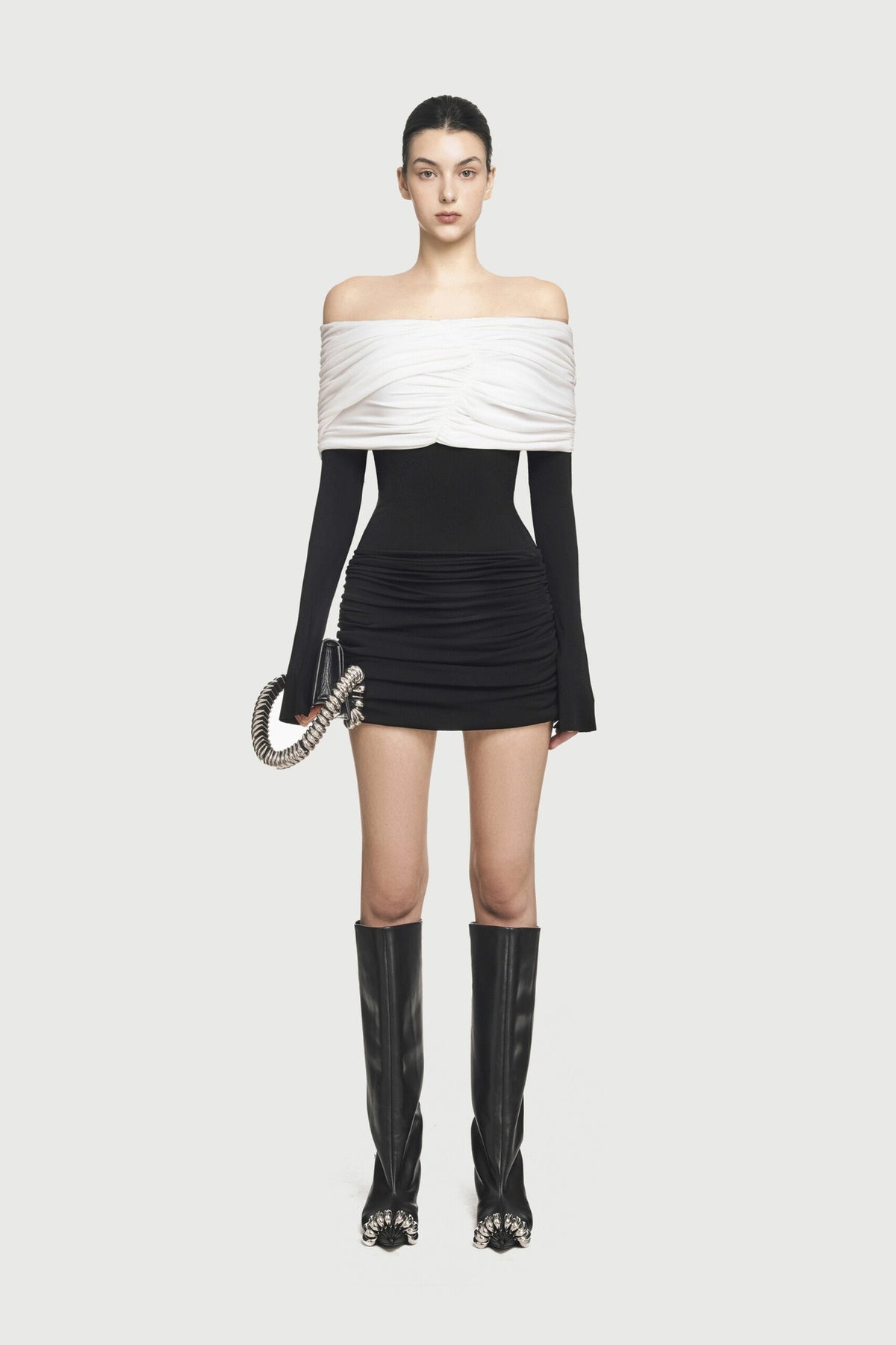 Zoravell Off Shoulder Draped Mini Dress In Black