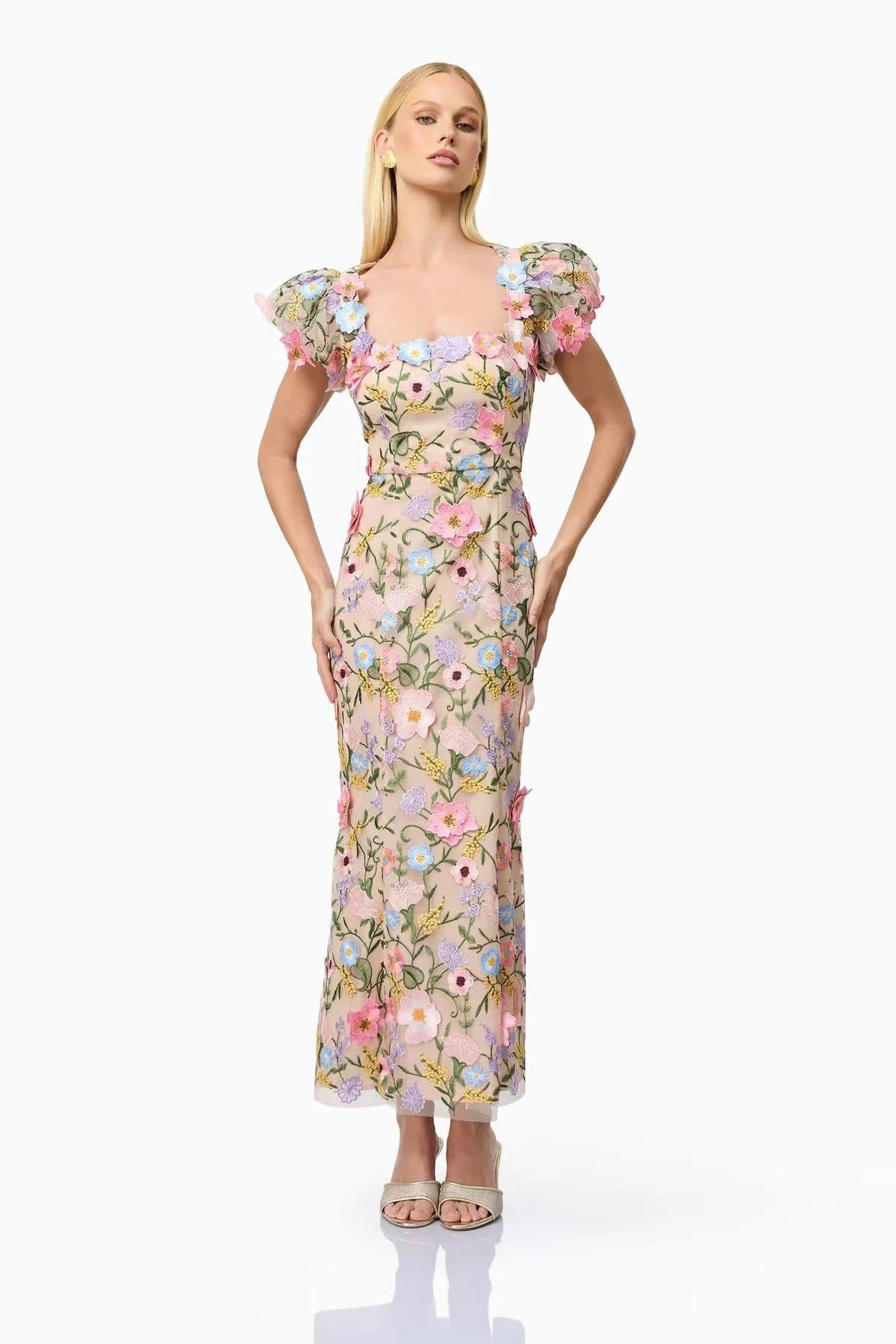 Dotty Embroidered Flower Midi Dress