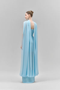 Eudocia Scarf Strapless Ruched Maxi Dress In Blue