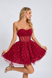 Osorio Strapless Floral Corset A Line Mini Dress In Red