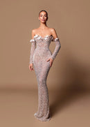 Corvain Long Sleeve Bardot Maxi Dress In Nude
