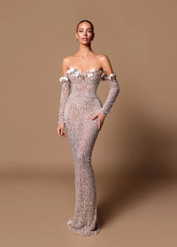 Corvain Long Sleeve Bardot Maxi Dress In Nude