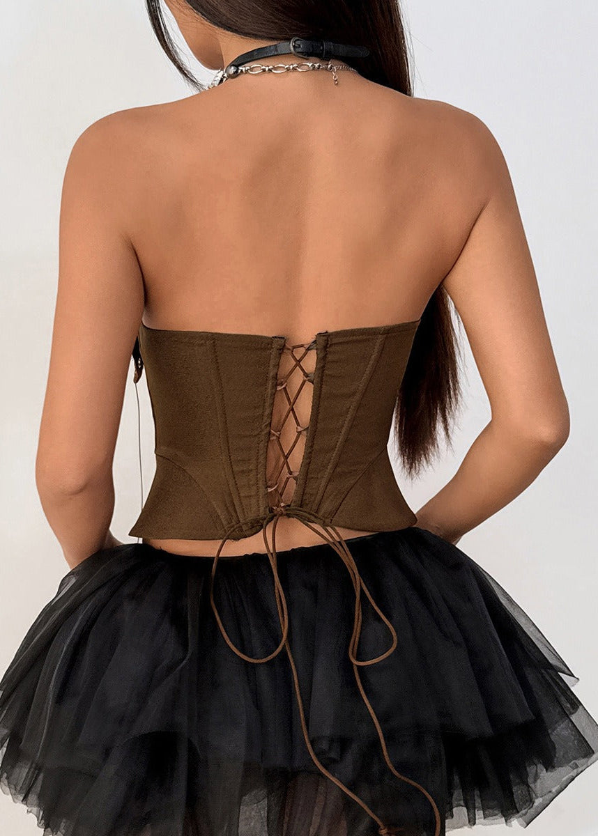 Analeia Brown Lace Up Corset Crop Top