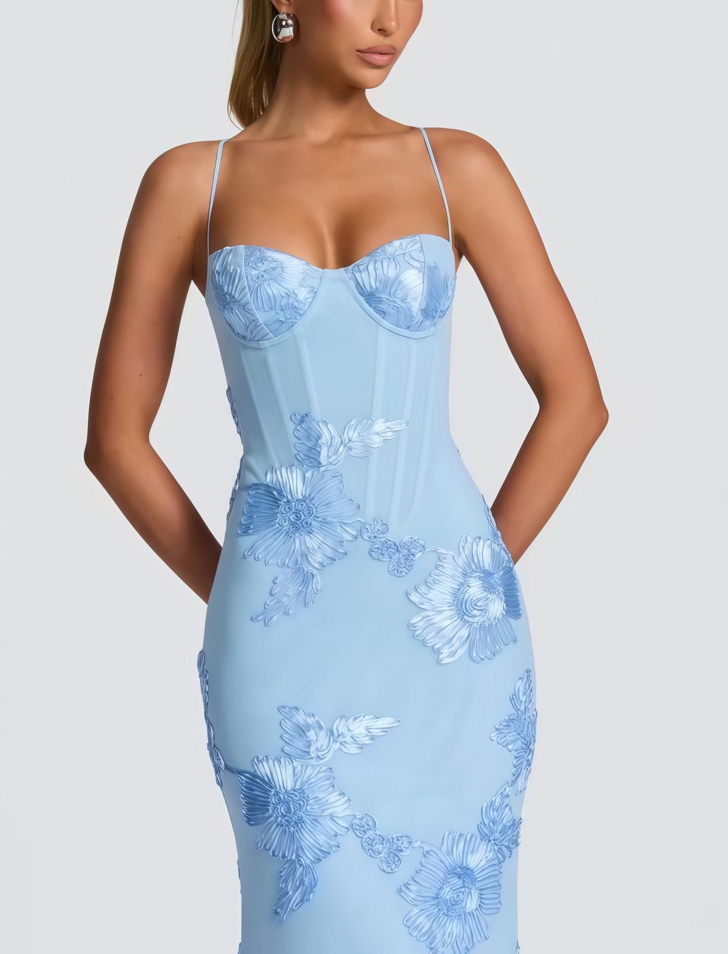 Dichen Blue Floral Appliqué Corset Maxi Dress