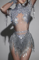 Paniz Rhinestone Fringe Bodysuit In Silver