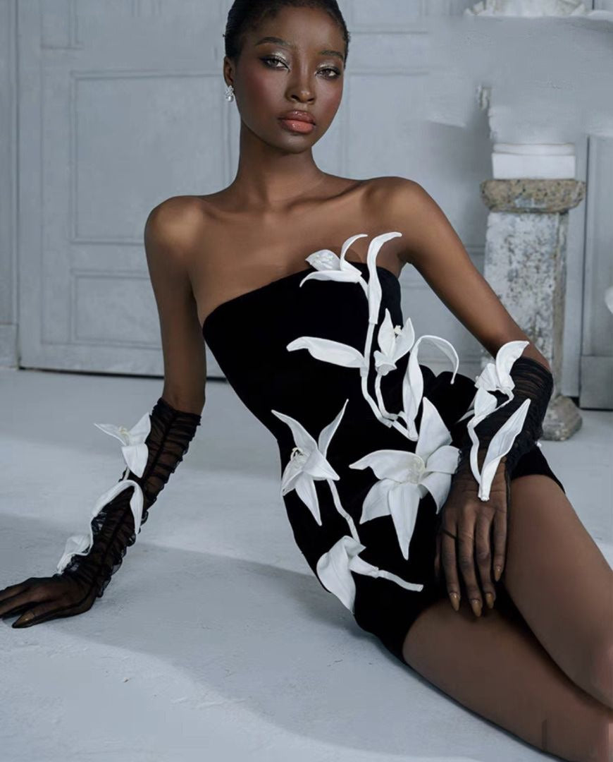 Rupali Tulip Flower A-Line Straight Across Neck Velvet Mini Dress