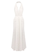 Cevina Plunge Neck Lace Split Maxi Dress