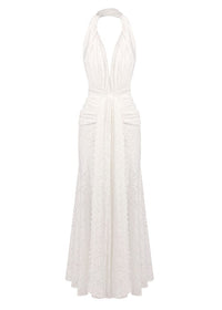 Cevina Plunge Neck Lace Split Maxi Dress