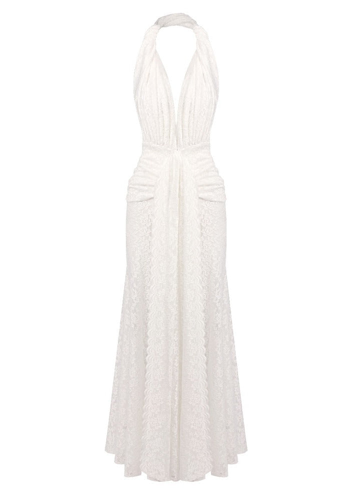Cevina Plunge Neck Lace Split Maxi Dress