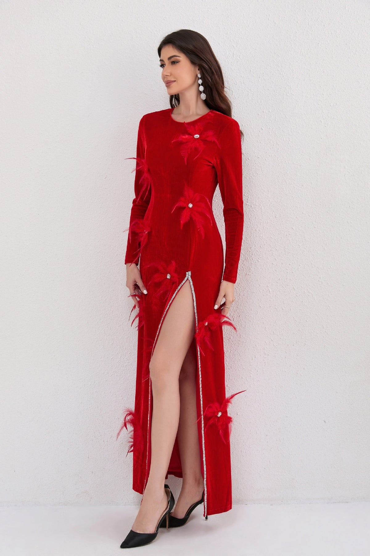 Ruzevich 3D Feather Flower Velvet Maxi Dress In Red