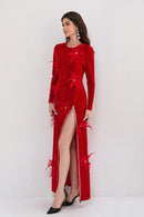 Ruzevich 3D Feather Flower Velvet Maxi Dress In Red