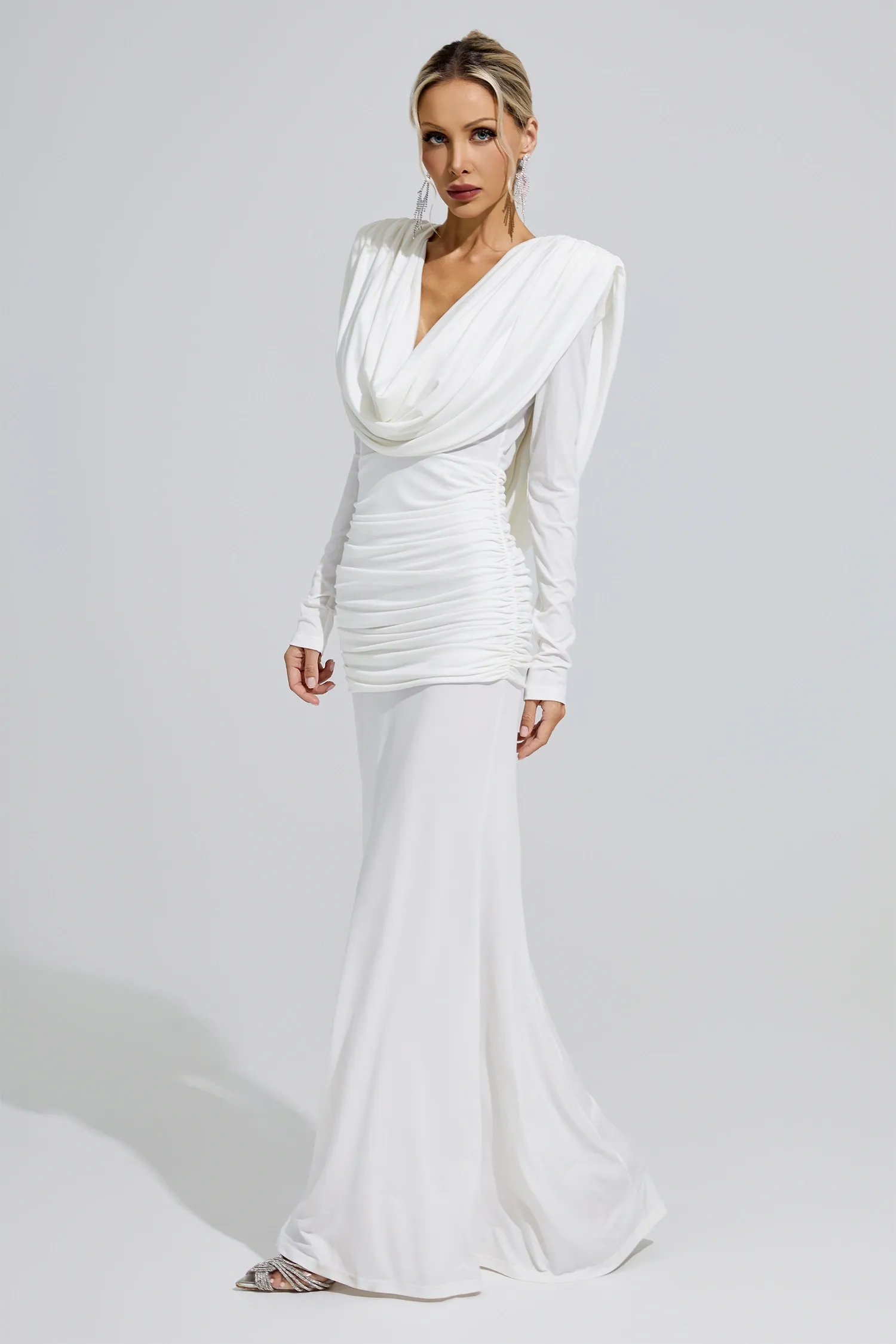 Sagebrush Long Sleeve Draped Backless Maxi Dress In White