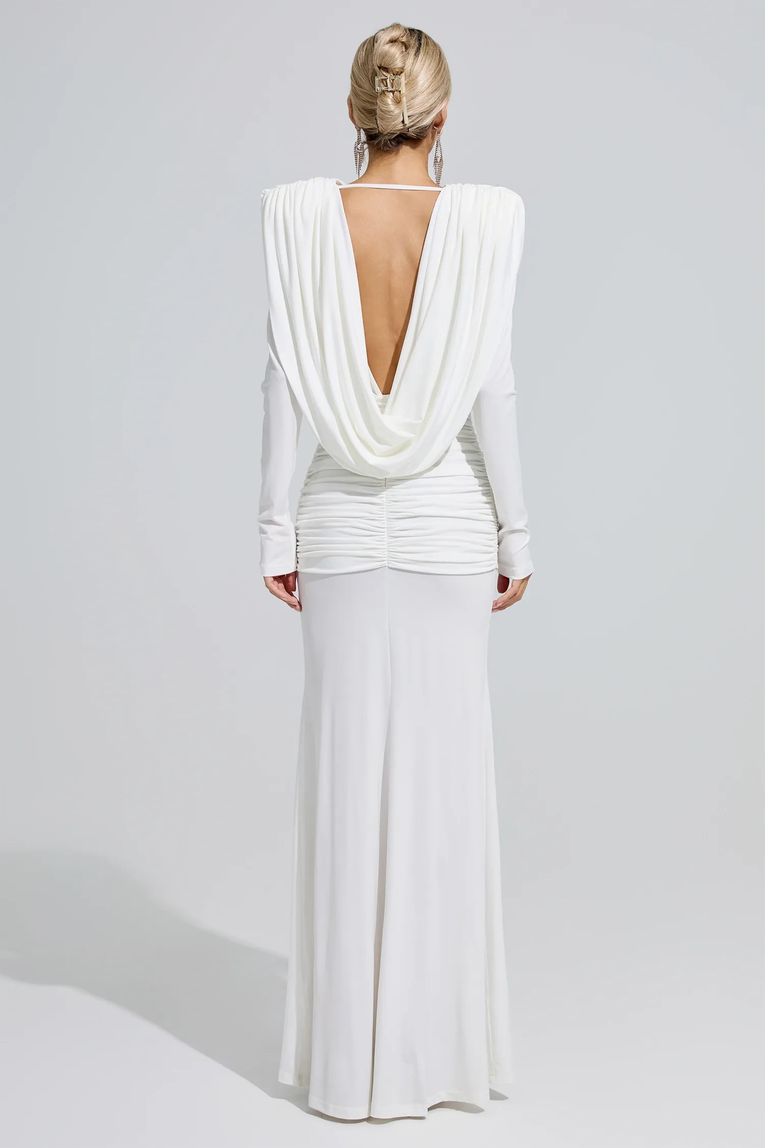 Sagebrush Long Sleeve Draped Backless Maxi Dress In White