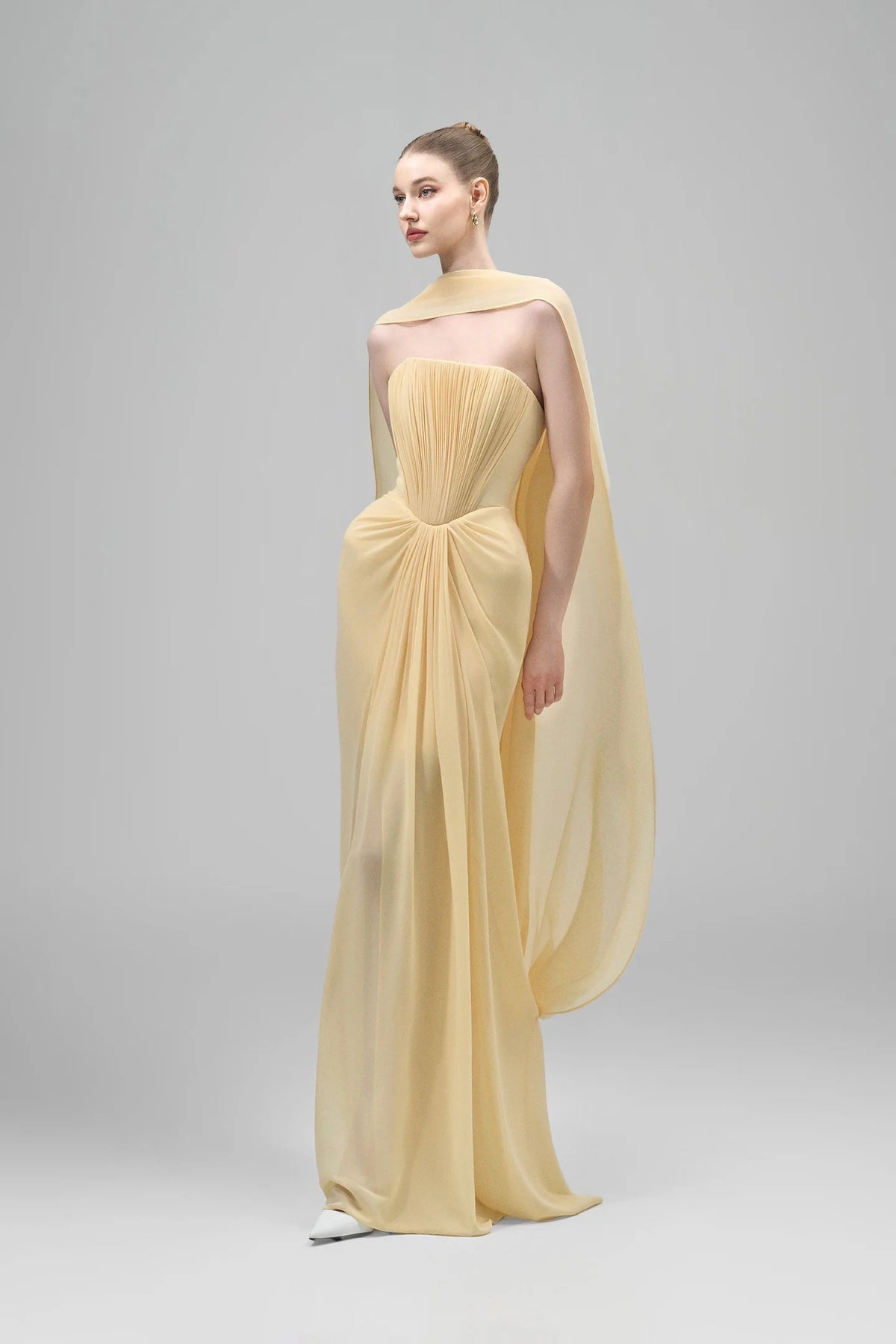 Eudocia Scarf Strapless Ruched Maxi Dress In Yellow