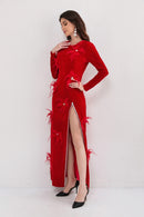 Ruzevich 3D Feather Flower Velvet Maxi Dress In Red