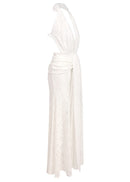 Cevina Plunge Neck Lace Split Maxi Dress