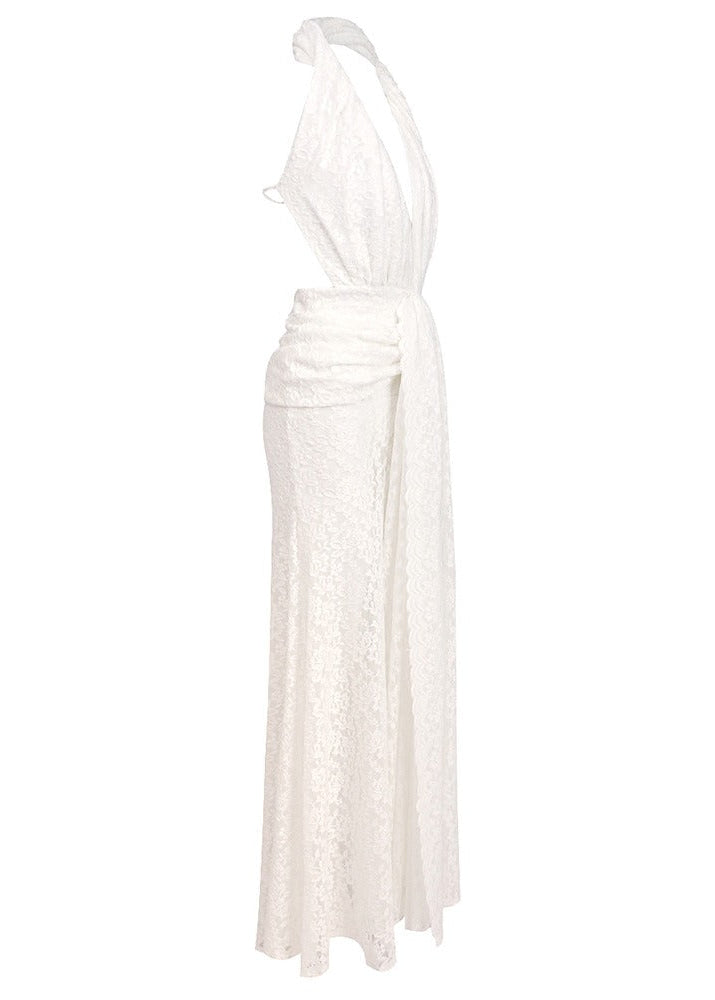 Cevina Plunge Neck Lace Split Maxi Dress