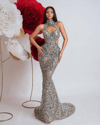 Laurie Halter Crystal Sequin Mermaid Maxi Dress In Silver