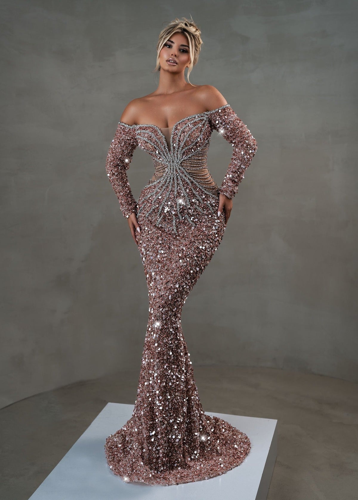Arlyn Long Sleeve Bardot Crystal Sequin Maxi Dress In Pink