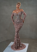 Arlyn Long Sleeve Bardot Crystal Sequin Maxi Dress In Pink