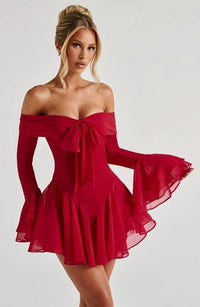 Jancis Long Sleeve Bardot A Line Dress In Red