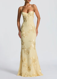 Dichen Yellow Floral Appliqué Corset Maxi Dress