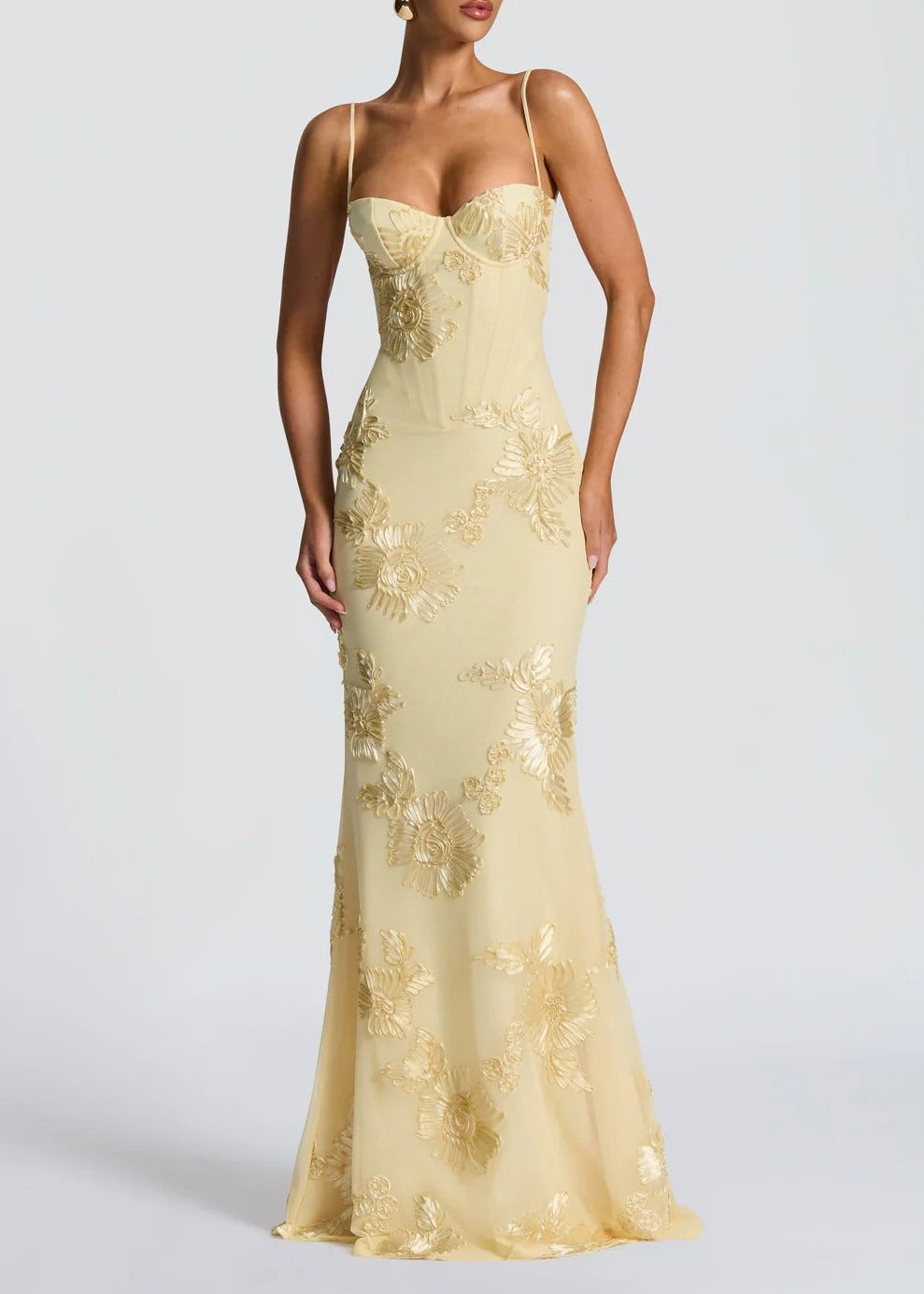Dichen Yellow Floral Appliqué Corset Maxi Dress