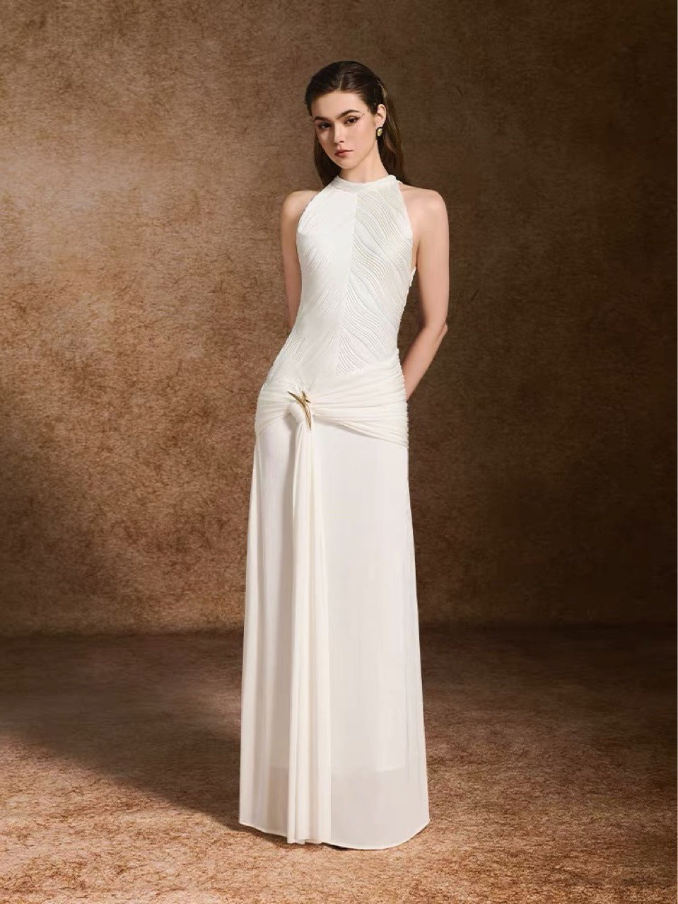 Firas Halter Draped A Line Maxi Dress In White