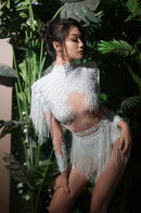 Paniz Rhinestone Fringe Bodysuit In Silver