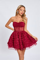 Osorio Strapless Floral Corset A Line Mini Dress In Red