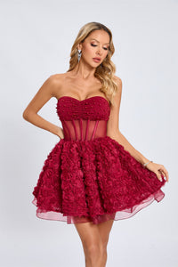 Osorio Strapless Floral Corset A Line Mini Dress In Red