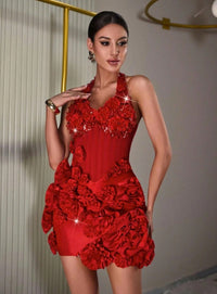 Pryssa Halter Crystal Floral Mini Dress In Red