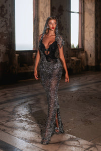 Glymora Rhinestone Mesh Lace Maxi Dress