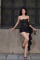 Akeelah Strapless Lace Corset Two-Piece Set In Black
