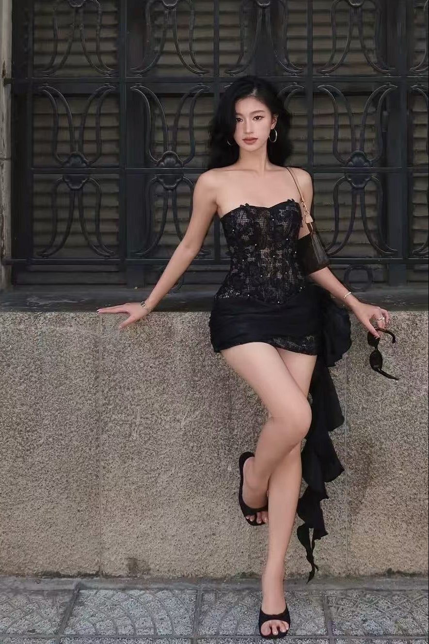 Akeelah Strapless Lace Corset Two-Piece Set In Black
