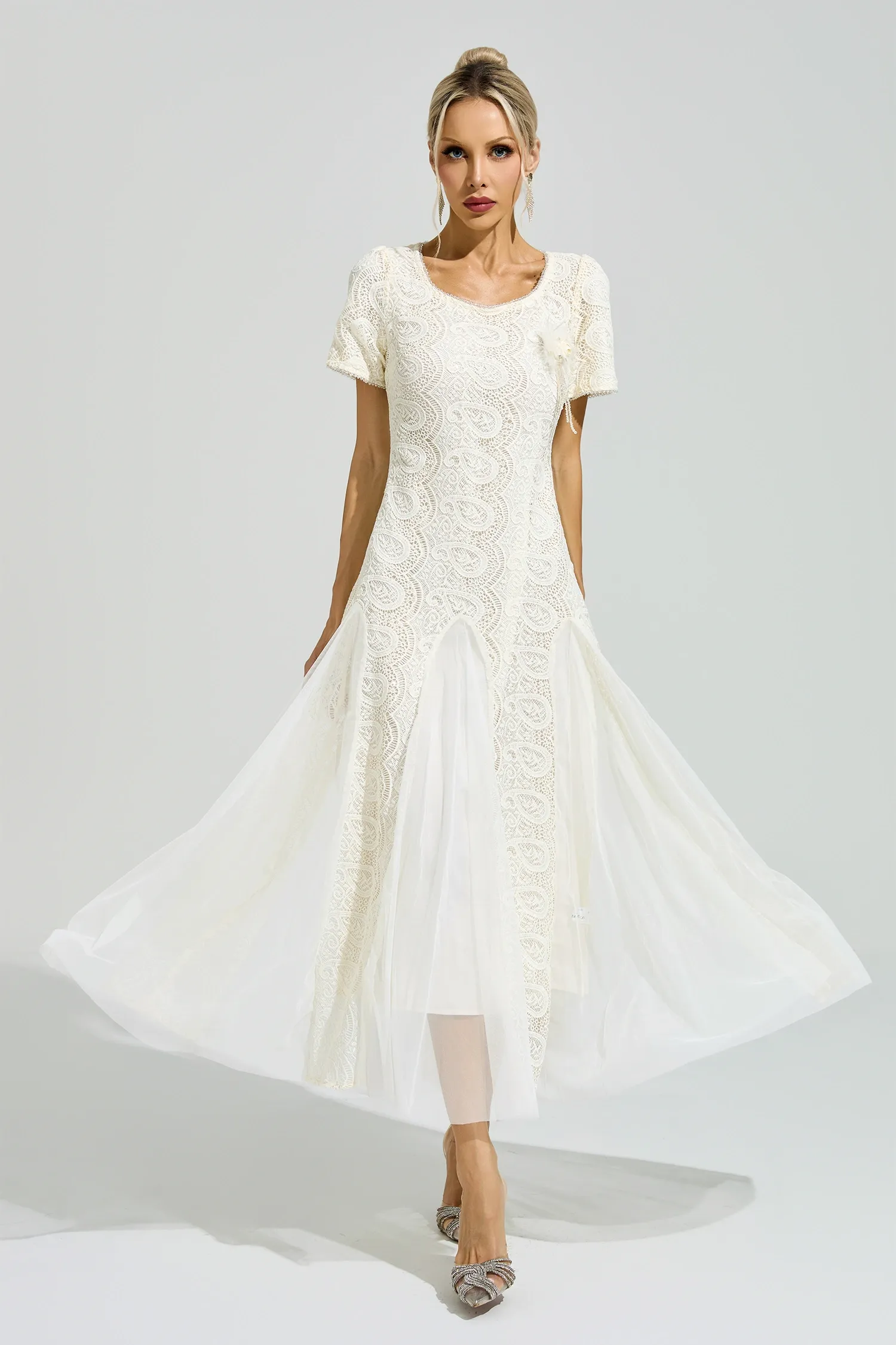 Pramix Apricot French Lace Mesh Maxi Dress
