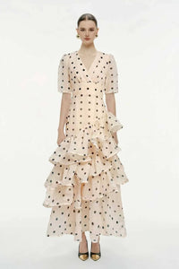 Elizette V Neck Dot Ruffle Maxi Dress