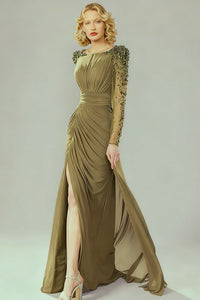 Faridoon Long Sleeve Crystal Maxi Dress In Green