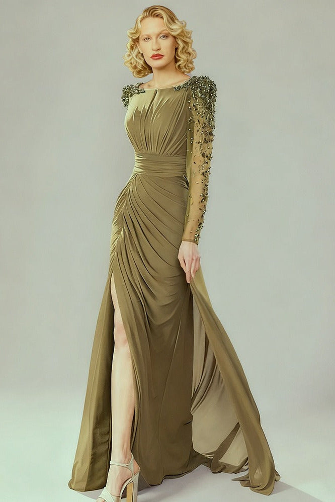 Faridoon Long Sleeve Crystal Maxi Dress In Green
