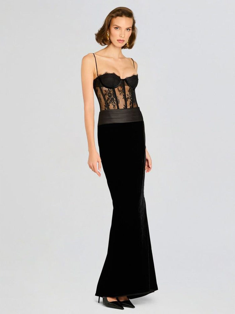 Mariela Lace Corset Maxi Velvet Dress In Black